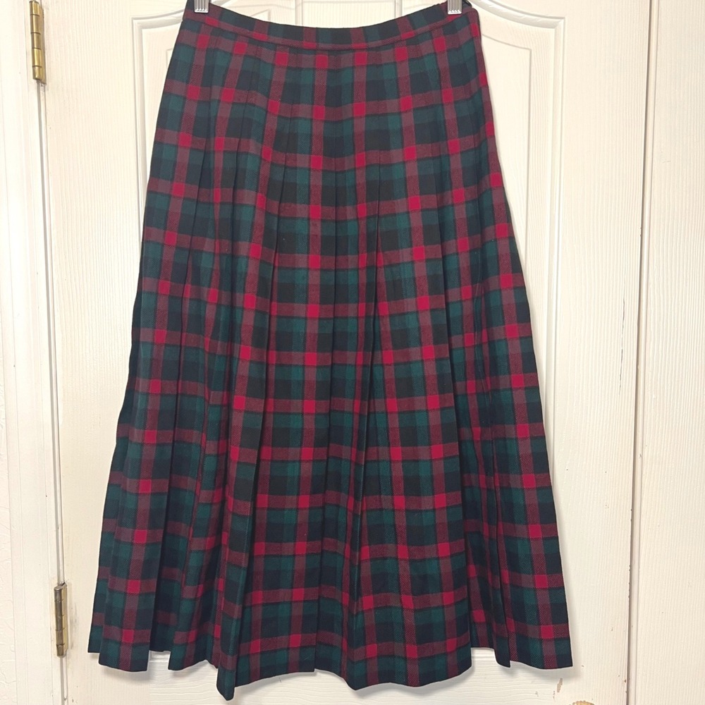 Vintage Pendleton Wool Plaid Pleated Midi Skirt Red Green Tartan Size 10 USA - Picture 2 of 8